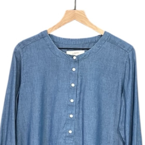 Loft Ann Taylor Tunic Chambray Bow Long Sleeve Button Round Neck Hi Lo Hem Small - Picture 4 of 12